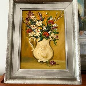 Vintage framed Art Oil still life floral painting white pitcher with bouquet